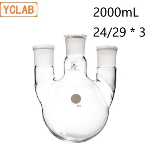 YCLAB 2000mL 24/29 * 3 Distillation Flask 2L Straight Shape with Three Necks Standard Ground Mouths Distilling Round Bottom