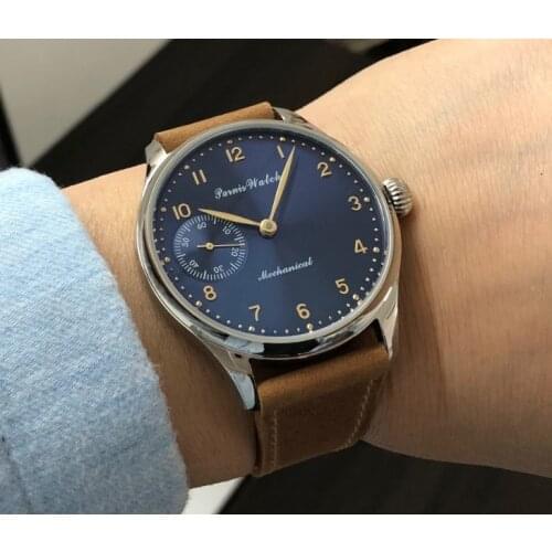 Sapphire crystal or Mineral glass 44mm PARNIS blue dial Asian 6497 Mechanical movement mens watch pa49-20