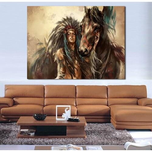 JQHYART Wall Pictures For Living Room Canvas Art Figure Painting Native Feathered Indian Woman Home Decor No Frame Painting
