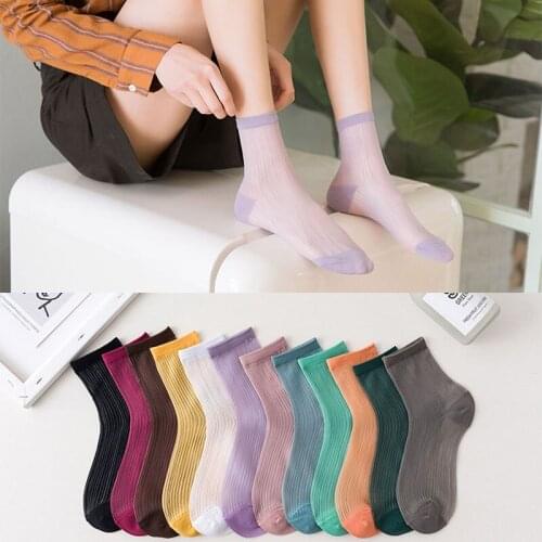 Spring Summer Women Girls Ice Silk Socks Female Solid Color Elastic Thin Transparent Casual Nylon Ladies Middle Tube Socks
