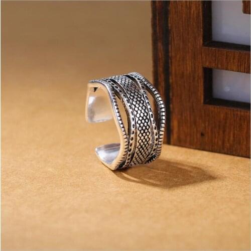 New Personality Domineering Court Retro 925 Sterling Silver Jewelry European Style Wave Small Pitting Opening Rings SR432