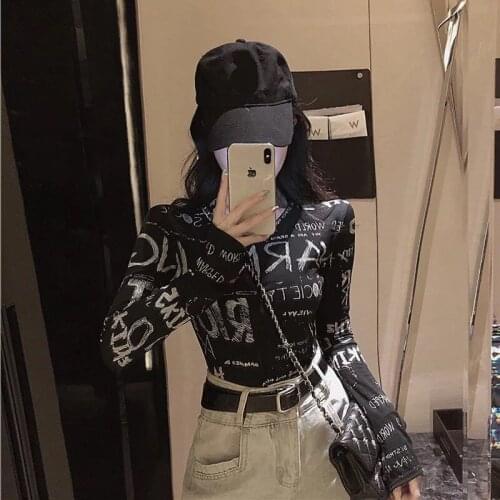 Autumn and winter fashion trend letter printing t-shirt womens round neck all-match cotton top high street long-sleeved clothes