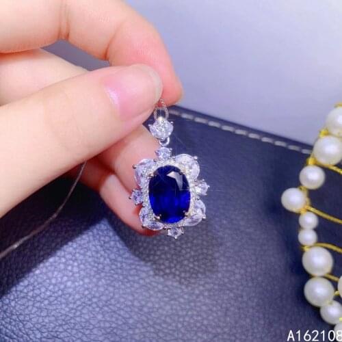 Fine Jewelry 925 Sterling Silver Inset With Natural Gemstone Womens Luxury Elegant Flower Sapphire Pendant Necklace Support Det