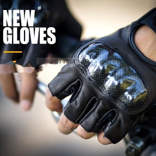 Black Half Finger Motorcycle Leather Gloves Goatskin Carbon Fiber Motocross Gloves Men Summer Riding Gloves Sports Gear Wearable