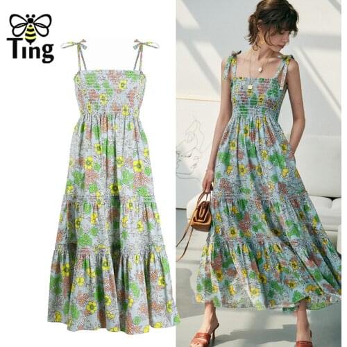Tingfly Summer Sexy Boho Fashion Spaghetti Sarap Women Dress Casual Elastic Floral Print Holiday Midi Long Beach Dress Trendy