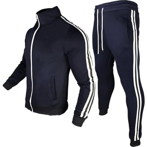 Fashion Casual 2 Pieces Set Striped Stardand Collar Gym Tracksuit Men Winter Autumn Sport Jacket Joggers For Men Women Clothing