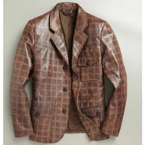 High Street Fashion Dress Suit Cowhide Coat For Big and Tall Men Wedding Male Jackets Genuine Leather Jacket Grid Overcoat 4XL