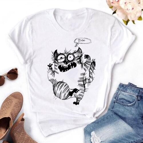 Summer Top quality Cotton funny sketch cat print women T shirt casual o-neck women T-shirt 2017 new design woman tee shirts