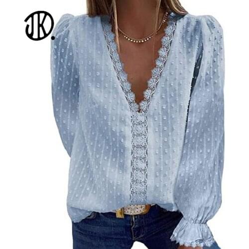 Ladies V-neck Chiffon Shirt Spring / Autumn Long Sleeve Loose Embroidered Jacquard Blouse Large Size S-2XL Tops Office Clothing
