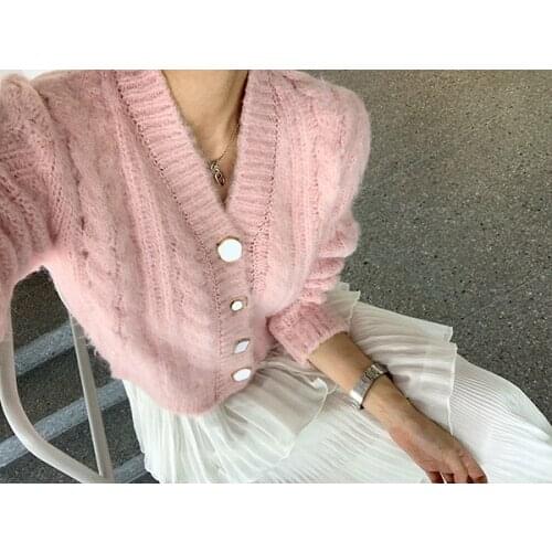 Spring Autumn Knitted Pink Warm Soft V-neck Long Sleeve Solid Women Female Lady Cardigan Sweater