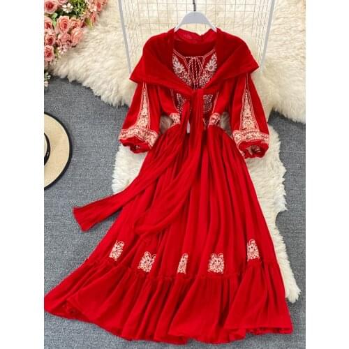 Jastie Bohemian Folk Style Women Dresses Shawl Headband Scarf Holiday Beach Dress Flower Embroidery Casual Long Vestidos
