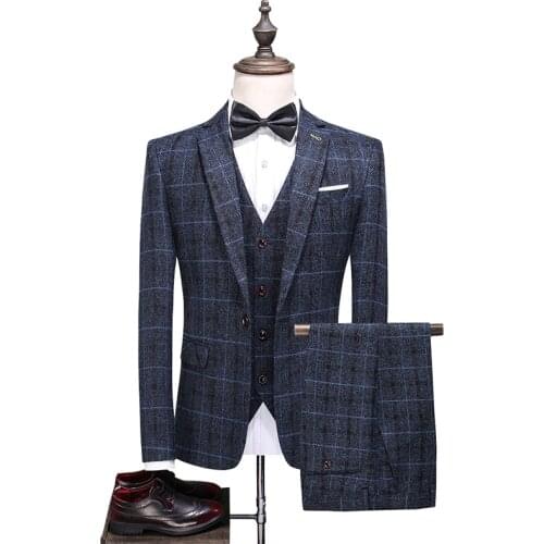 2021 Three-piece Male Formal Business Plaids Suit for Mens Fashion Boutique Plaid Wedding Dress Suit ( Jacket + Vest + Pants )