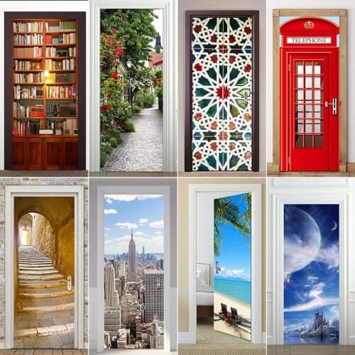 Retro 3D Door Sticker Wall Sticker Scene Mural Wallpaper Poster Self Adhesive PVC Removable Waterproof Home Decor Door Decals