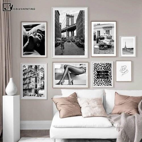 Black White Paris Photography Painting Leopard Road Sign Sexy Lady Fashion Poster Canvas Print Wall Art Picture Salon Decoration