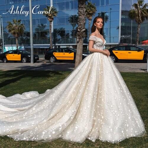 Ashley Carol Princess Lace Ball Gown Wedding Dresses 2021 Sexy Sweetheart Shining Bride Dress Romantic Backless Wedding Gowns