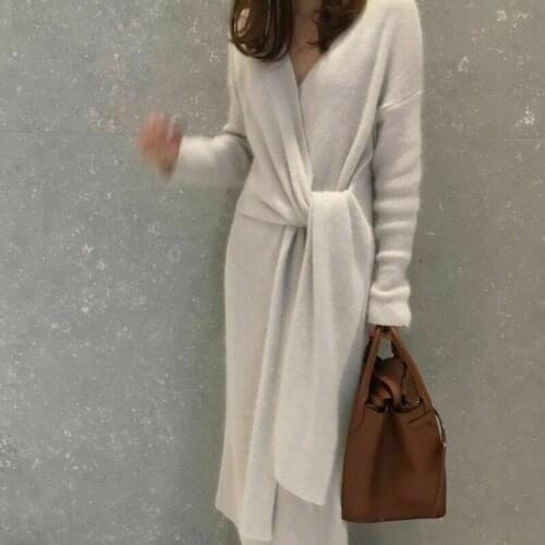 Belted Cashmere Sweater Dress Women Fashion Office Lady V Kneck Long Sleeve Knitted Dress A66