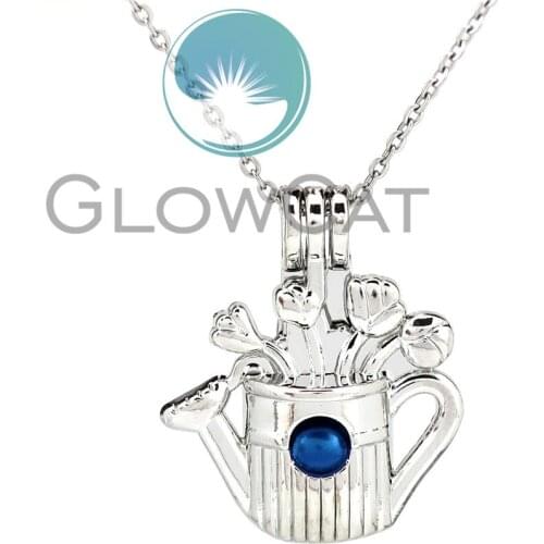 KK946 Flower Watering Pot Beads Cage Locket Pendant Perfume Diffuser Pearl Cage Necklace