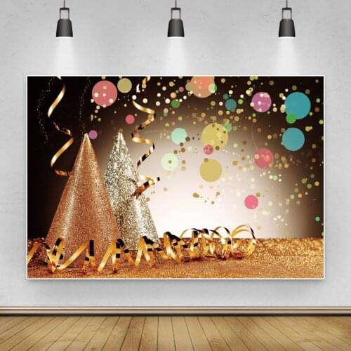 Laeacco Glod Silver Birthday Hat Shiny Polka Dot Birthday Backdrop Photographic Background For Photo Studio Photocall Photophone