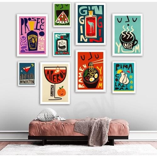 Cartoon Fruit Juice Rum Food Posters And Print Yum Cafe Pizza Prosecco Canvas Painting Club Bar Shop Wall Pictures