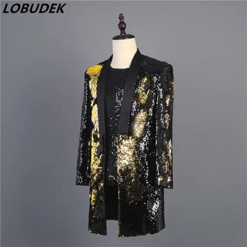 Mens Double-color Flipping Sequins Suit Jacket Stage Costume Golden Black Green Long Coat Nightclub DJ Singer Presenter Clothes