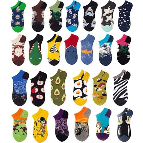 Breathable Happy Cotton Ankle Funny Men Women Summer Short Casual Socks Art Starry Night Boat Fruit Embroidery Avocado Low Socks