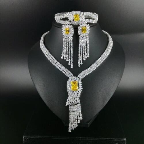 2021 new fashion Luxury tassel YELLOW square zircon necklace earrings bracelet wedding bridal banquet dressing jewelry set