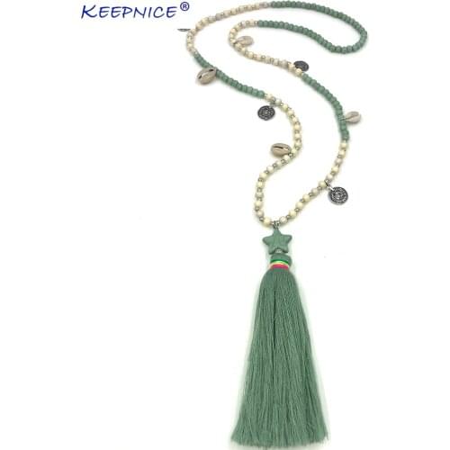 New cotton long fringe Tassel five stars pentagon pendents necklace wooden beads Chain boho Bohemiam statement Necklaces