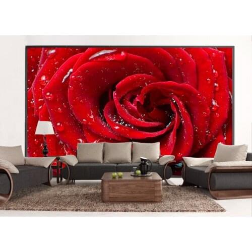Wholesale Romantic Red rose Water Drops 3d Wall Photo Mural Wallpaper for TV Background and Wedding Room 3d Wall Murals Fresco