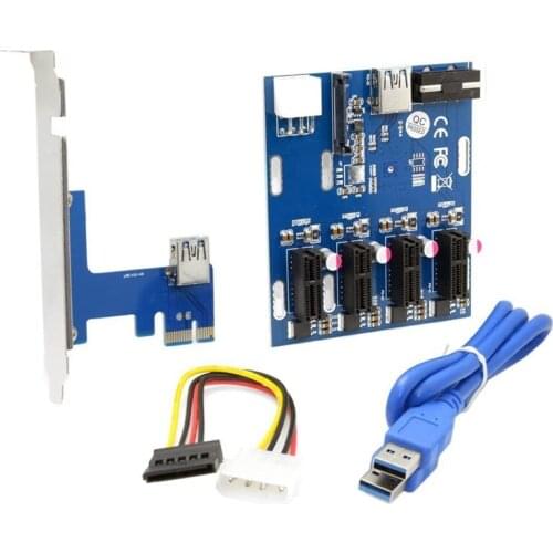 PCI-E 1X to 4 Port 1X Riser Adapter USB 3.0 Cable Multiplier HUB GPU Riser Adapter for BTC Ethereum Mining