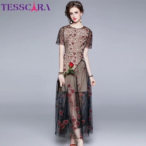 TESSCARA Women Luxury Heart Embroidery Dress Festa High Quality Long Maxi Mesh Party Robe Femme Vintage Runway Designer Vestidos