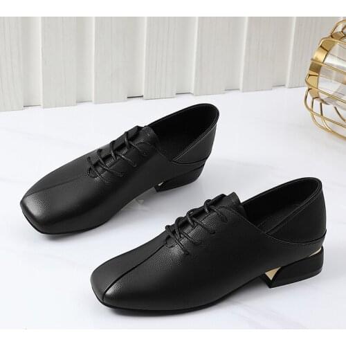 Women Genuine Leather Thick Heel Pumps Ladies Pointed Toe Square Heels Lace-up Shoes