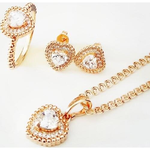 Bridal Jewelry Set 585 Gold Color Jewelry Trendy Heart Clear Cubic Zircon Wedding Necklace+Earring+ Ring Jewelry Sets