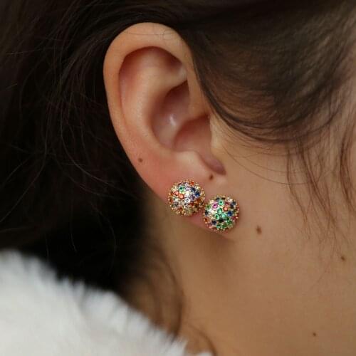 2019 top quality ball round stud earring 925sterling silver colorful rainbow cz paved stack dainty simple fashion jewelry