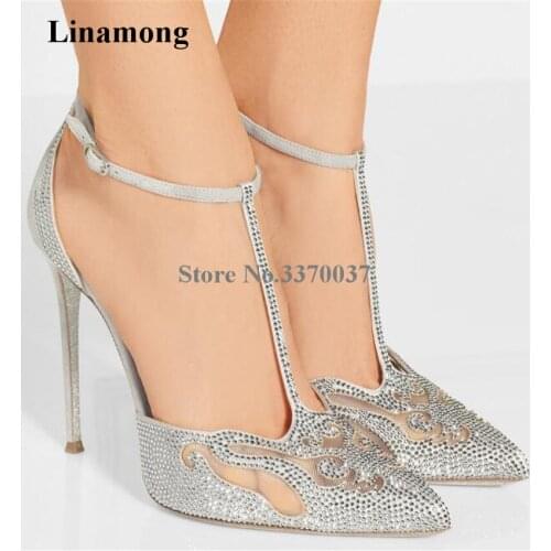 Women Luxury Bling Bling Pointed Toe Mesh Rhinestone Thin Heel Pumps Ankle Straps Crystal High Heels Wedding Shoes Dress Shoes