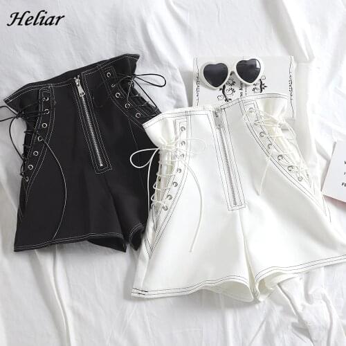 HELIAR PU Leather Shorts For Women Cross Bandage Short Fashion High Street Solid PU Shorts Slim Sexy Ripped Shorts Women 2020