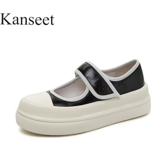 Kanseet Genuien Leather Woman Flats Shoes 2021 New Spring Summer Round Toe High Quality Platform Women Flat Basic Black Shoes