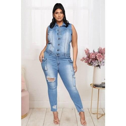 2021 New Arrival Famous Brand Denim Jumpsuits Solid Rip Turn-down Collar Sleeveless Summer Casual Bodycon Rompers
