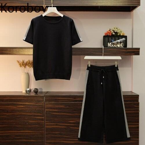 Korobov Women Tracksuits O Neck Short Sleeve Knit T Shirt and Strip Patchwork Side Calf Length Pants 2 Piece Sets 78363