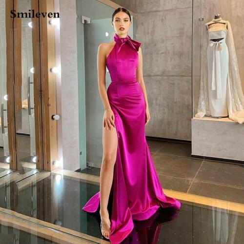 Smileven Hot Pink Prom Dresses 2021 Halter Neck Mermaid Split Elastic Party Dress SexyVestidos De Gala Strapless Long Prom Gown