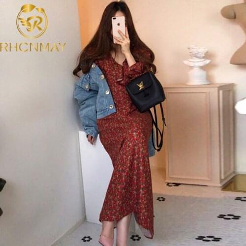 2021 New Women Korea Retro Dress Ruffles Flare Printing Flares Sleeves Gentle Elegant Chic Female Fashion Clothes