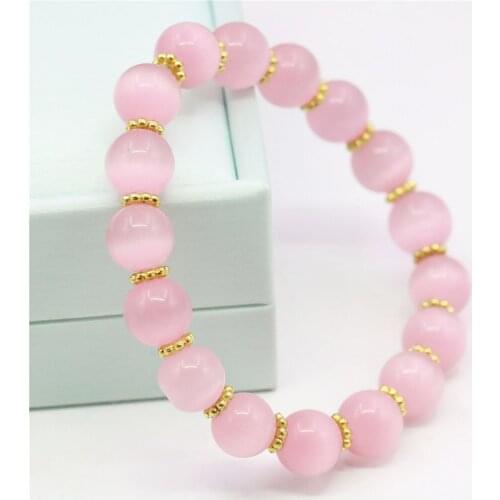 10mm Pink Cat`s Eyes Stone Bracelet Round Jaspers Elastic Jewelry Making Design Alloy Flower Septal Beads Girls Gifts Accessory
