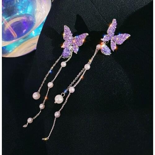 2020 Korea Hot Sale Fashion Jewelry Smart Butterfly Crystal Long Tassel Pearl Earrings Thin Face Female Elegant Earrings