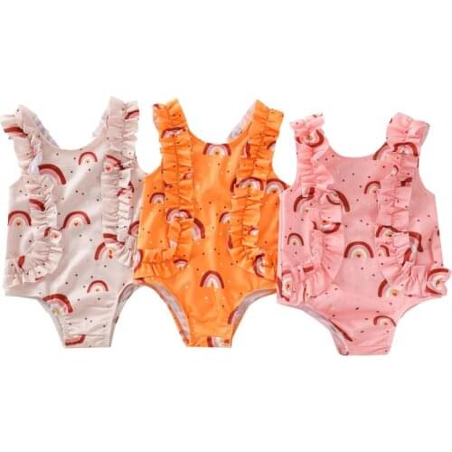 2021 Infant Baby Girls Cute Sleeveless Rainbow Print Ruffle Swimsuit Beachwear Bathing Suits Swimwear