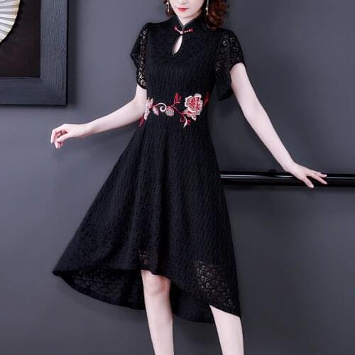 2021 Black Lace Embroidery Chinese Style Midi Dress Summer Vintage 3XL Plus Size Sexy Dress Women Elegant Bodcon Party Vestidos