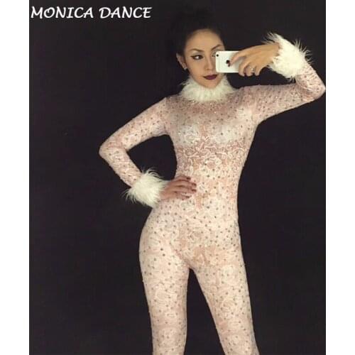 White Queen Nightclub Stage Costume DJ DS Singers Jumpsuit Sparkling Crystals Bodysuit Bling Womens Outfit Birthday Celebrate