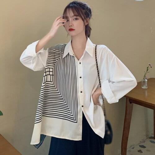 Irregular Striped Shirts Women Spring Autumn Casual Patchwork Loose Long Sleeve Blouses and Tops