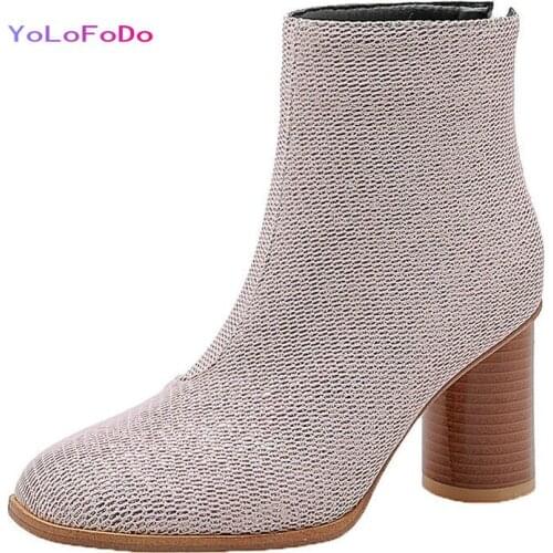 Apricot Pink Sequined Cloth Women Ankle Boots Bling Round High Heel Ladies Short Boots Autumn Winter Womens Shoes Plus Size 45
