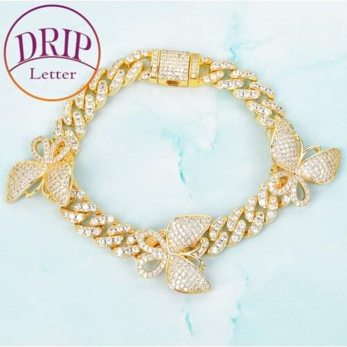 10mm Gold Miami Cuban Link With Butterfly For Women AAAA Zircon Bracelet Jewelry Hip Hop Chain