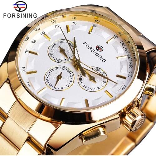 Forsining Golden Men Mechanical Watch Fashion 3 Dial Calendar Steel Band Business Gentleman Automatic Watches Clock Montre Homme