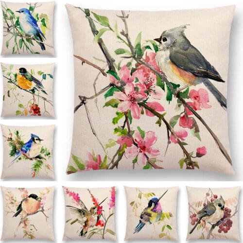 Watercolor Lovely Birds Cushion Cover Robin Tit Finch Hummingbird Goldfinch Sparrow Prints Pillow Case